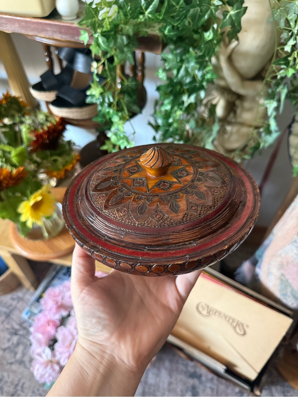 Hand-Carved Wooden Trinket Box in Warm Brown and Red